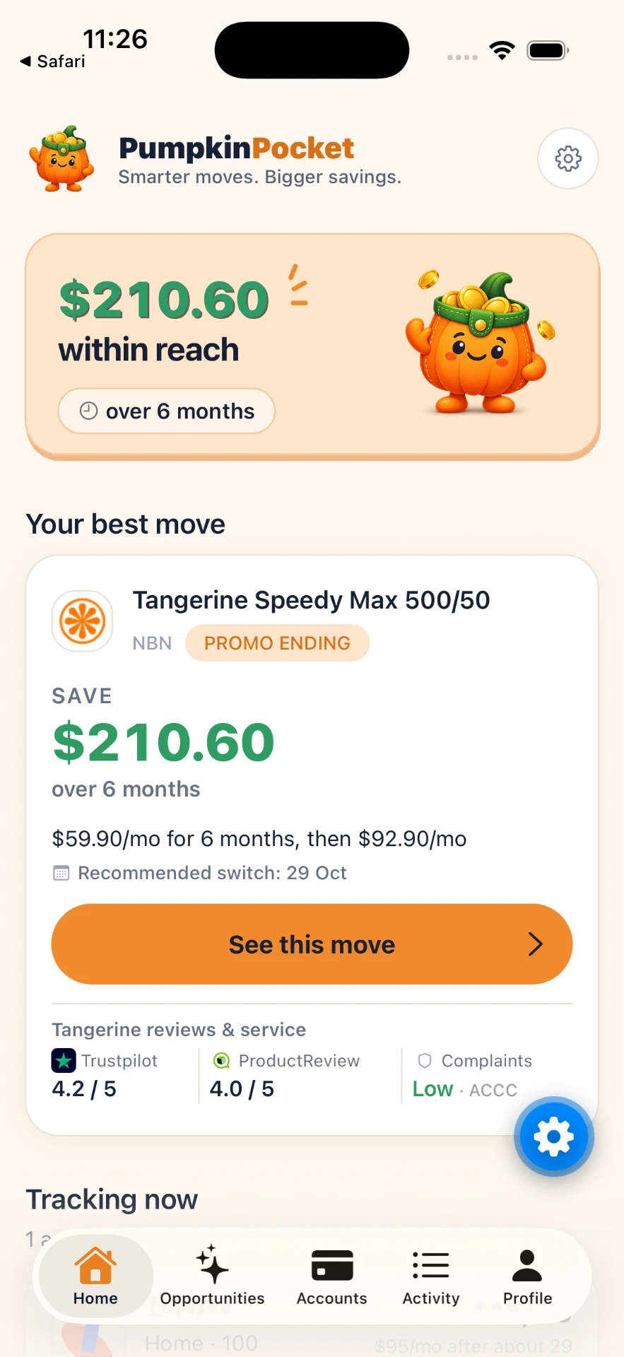 PumpkinPocket Home screen showing $210.60 within reach